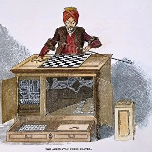CHESS: AUTOMATON, 1845. Wolfgang von Kempelens The Turk, a chess playing automaton, created c1770. Wood engraving, English, 1845