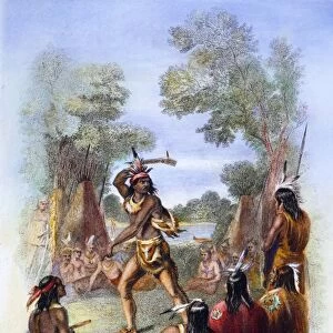 CHIEF PONTIAC, 1763. Taking up the war hatchet in the French & Indian War. Color engraving, 19th century