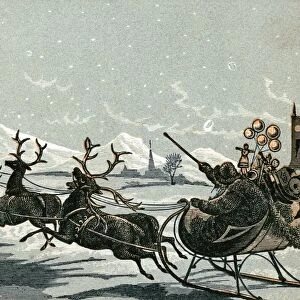CHRISTMAS CARD, c1885. American trade card with Santa and his sleigh. Color wood engraving