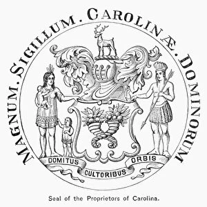 COLONIAL SEAL: CAROLINAS. Seal of the Proprietors of Carolina, adopted following King Charles IIs grant of the colony in 1663. Wood engraving, 1878