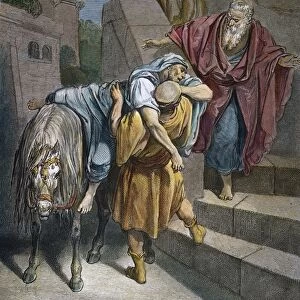 DORE: GOOD SAMARITAN. Arrival of the Good Samaritan at the Inn (Luke 10: 34). Color wood engraving after Gustave Dor