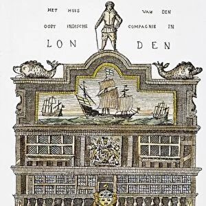 EAST INDIA COMPANY, 17th C. The headquarters of the British East India Company in London: Dutch colored engraving, 17th century