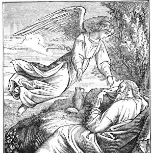 ELIJAH & ANGEL. The angel tells the prophet Elijah to eat (I Kings 19). Wood engraving, American, 1884