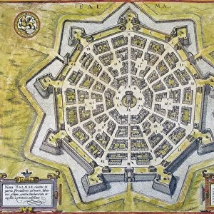Engraved map, 1598, of the heavily-fortified city of Palmanova, Italy, built by the Venetians near the Adriatic to prevent Turkish invasions