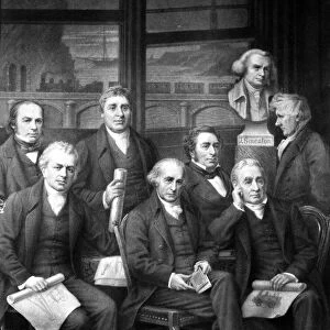 FAMOUS ENGINEERS. Fictional group portrait of famous British engineers and inventors