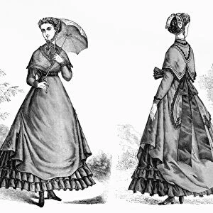 FASHION: WOMEN, 1868. Front and back view of a woman in a street dress with a shoulder cape. Wood engraving from Harpers Bazaar, 1868