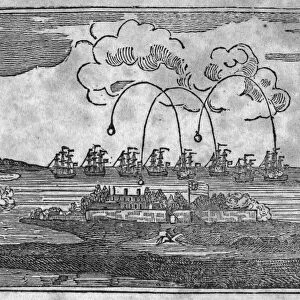 FORT McHENRY, 1814. The bombardment of Fort McHenry, Baltimore, by the British Navy, 13-14 September 1814. Line engraving, 19th century