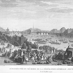 FRENCH REVOLUTION: 1790. The water festival on the Seine in Paris on 18 July 1790, with musical barges and jousting, to celebrate the Fete de la Federation. French line engraving by Jean-Louis Prieur, early 19th century