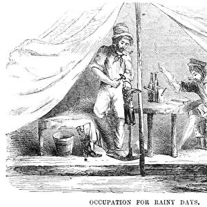GOLD MINING CAMP, 1853. Gold miners spending a rainy day in camp mending their clothes. Wood engraving, American, 1853
