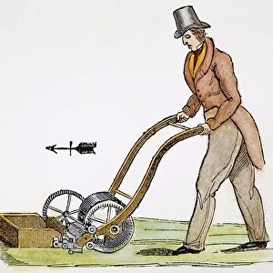 GRASS MOWING MACHINE, 1830. The first grass mowing machine, with grass catcher, invented by Edwin Budding, c1830: line engraving, English, 19th century