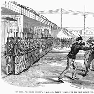 GREAT RAILROAD STRIKE, 1877. New York States National Guard taking possession of the West Albany freight yards during the Great Railroad Strike, 24 July 1877. Wood engraving from a contemporary American newsaper