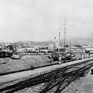 HAITI: PORT-AU-PRINCE. Railroad tracks on the pier of Port-au-Prince, Haiti. Photograph