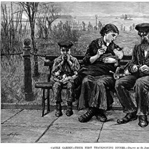 IMMIGRANTS: CASTLE GARDEN. Newly arrived immigrants enjoying their first Thanksgiving dinner in the United States at Castle Garden, New York. Wood engraving from an American newspaper of 1884