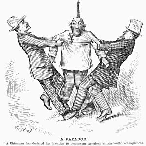 IMMIGRATION CARTOON, 1880. A Paradox. No sooner has a Chinese immigrant declared his intention to become a U. S. citizen than he is set upon by the very same Democratic and Republican parties which have been arguing for restricting such immigration, suddenly anxious for his support. American cartoon, 1880, by Thomas Nast