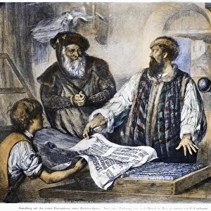 JOHANN GUTENBERG (c1395-1468). German printer. Gutenberg taking the first proof printed from movable type. Engraving by F. Unzelmann after Adolf Menzel, 19th century