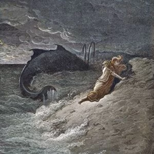JONAH. Jonah is cast forth by the whale (Jonah 2: 10). Wood engraving after Gustave Dor