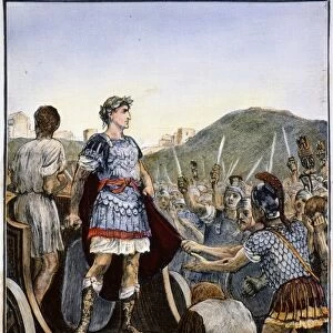 JULIUS CAESAR (100-44 BC). Caesar regaining the loyalty of mutinous soldiers of the 10th legion in the Campus Martius at Rome, 47 B. C. : wood engraving, 19th century