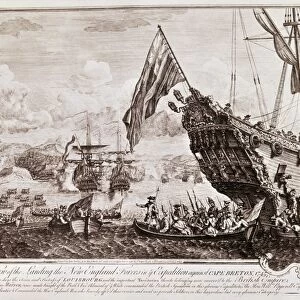 KING GEORGEs WAR, 1745. The landing of English forces at Louisbourg, Cape Breton Island (Ile Royale), Canada, 1745. Contemporary copperplate engraving by John Stevens