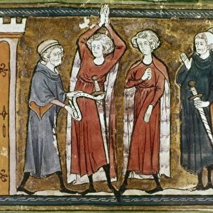KNIGHTHOOD CEREMONY. Ceremony of conferring knighthood: French manuscript illumination