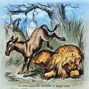 A Live Jackass Kicking a Dead Lion. American cartoon, 1870, by Thomas Nast, featuring his first use of the donkey as the symbol of the Democratic Party, shown kicking the late Republican Secretary of War Edwin Stanton
