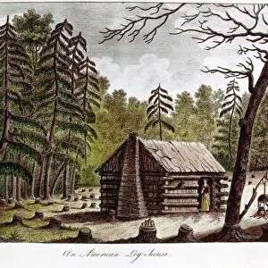 LOG CABIN, 1826. An American Log-house. Hand-tinted engraving from Voyage dans l Amerique septentrionale (Travels in North America) by Georges Henri Victor Collot, 1826