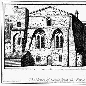 LONDON: HOUSE OF LORDS. Exteror view of the House of Lords (also known as the White Chamber), Westminster Hall, London, England, viewed from the River Thames. Line engraving, English, 18th century
