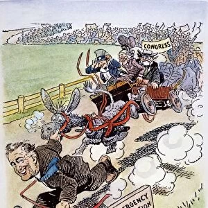 Looks as if the New Leadership Was Really Going to Lead. American cartoon, c1933, showing President Franklin D. Roosevelt leading both the country and the Congress on a breakneck course toward the emergency legislation of the First New Deal