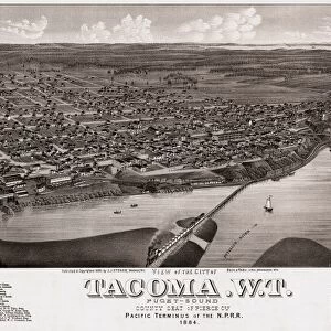 MAP: TACOMA, 1884. Aerial view of the city of Tacoma, Washington