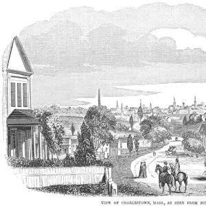 MASSACHUSETTS TOWN, 1854. The town of Charlestown, Massachussets, as seen from Somerville. Wood engraving, American, 1854