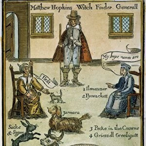 MATTHEW HOPKINS (d. 1647). English witchfinder. Hopkins with two witches and their familiar spirits. English color engraving, 1792, reproducing an engraving of 1647