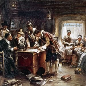 MAYFLOWER: COMPACT, 1620. The pilgrims signing the Compact aboard the Mayflower