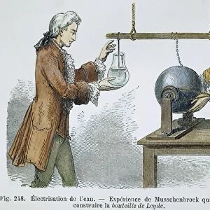 MUSSCHENBROEK: LEYDEN JAR. Pieter van Musschenbroeks invention of the Leyden Jar, c1746: wood engraving, French, 19th century