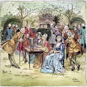 NEW ENGLAND: TEA PARTY. An outdoor tea party in 18th century colonial New England