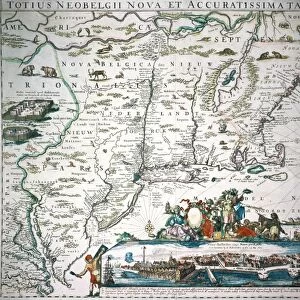 NEW NETHERLAND MAP. Hugo Allards New and Exact Map of All New Netherland from Chesapeake Bay to Penobscot Bay, with an inset view of New Amsterdam, 1673