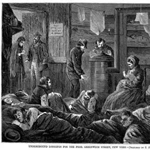 NEW YORK: POVERTY, 1869. Underground lodgings for the poor, Greenwich Street, New York. Wood engraving, American, 1869