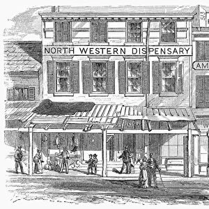 Northwestern Dispensary, incorporated 1852, on Eighth Avenue, New York. Wood engraving, 1868