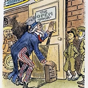 OPEN DOOR CARTOON, c1900. American cartoon, c1900, depicting Uncle Sam propping the Open Door policy with China with the brick of U. S. Army and Navy Prestige, as the colonial powers of France and Russia look on