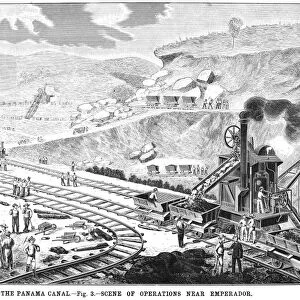 PANAMA CANAL: EXCAVATION. Excavating the Panama Canal near Emperador, Panama. Wood engraving, American, 1885
