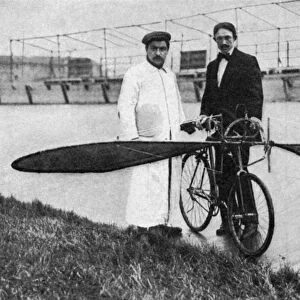 Paul Didier with his flying bicycle, which could rise to the height of several feet. Photograph, 1912