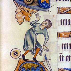 PEASANT AND SNAIL, c1290. Man frightened by a snail: English manuscript illumination