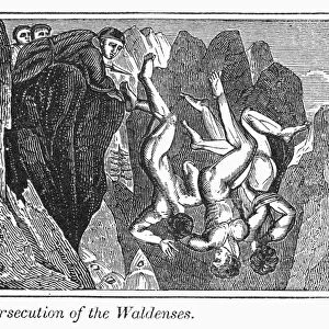 PERSECUTION OF WALDENSES. Persecution of the Waldenses. Wood engraving from an 1832 American edition of John Foxes Book of Martyrs