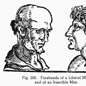 PHYSIOGNOMY, 1533. Foreheads of a liberal man (left) and of an irascible man. Woodcut