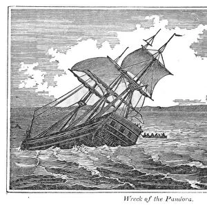 PITCAIRN ISLAND. Wreck of HMS Pandora on the Great Barrier Reef off Australia, Aug. 28, 1791, while searching for the mutineers of HMS Bounty. Wood engraving, 1855
