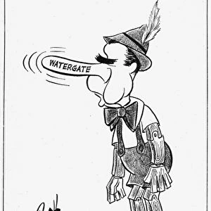 President Richard Nixon caricatured as Pinocchio in a cartoon by John Pierotti for the New York Post, 8 June 1973, on the Watergate scandal