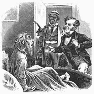 RECONSTRUCTION: CARTOON. Lex Africanus. A southern senator is forced to share his hotel bed with a black legislator. Cartoon from a northern American newspaper of 1874
