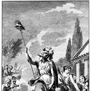 REVOLUTIONARY WAR: FRANCE. Britannia, standing on a pile of weapons, condemns the American rebels for their treaty with France. Line engraving, English, 1780