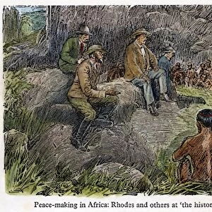 RHODES PEACE CONFERENCE. Cecil John Rhodes (1853-1902) and others at a peace conference