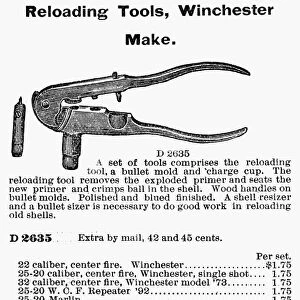 RIFLE RELOADING TOOLS AD. An engraved advertisement for Winchester rifle reloading tools from the Montgomery Ward & Company mail-order catalogue of 1900