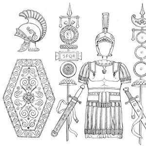 ROMAN ARMOR. Roman armor and standards. Line engraving, 19th century