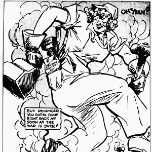 Rosie the Riveter Steps Out. American cartoon, c1943, comment on the rising number of women employed in factories during World War II